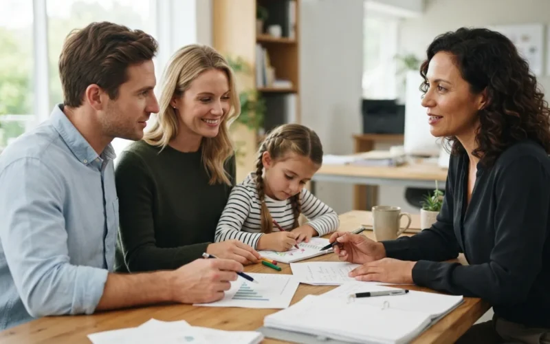 a family meeting with a mortgage advisor at a desk