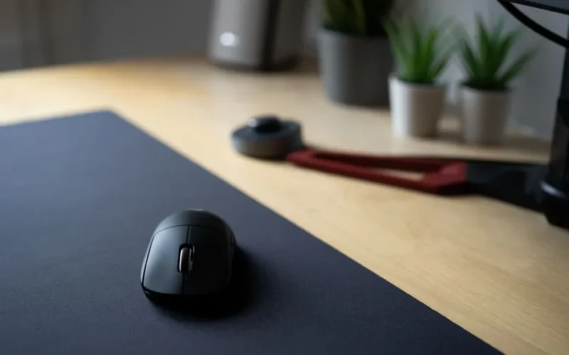 Sleek wireless mouse on a black mouse pad in a modern office setting with plants.