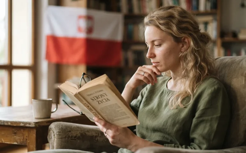 a person reading a book with a Polish flag in the background