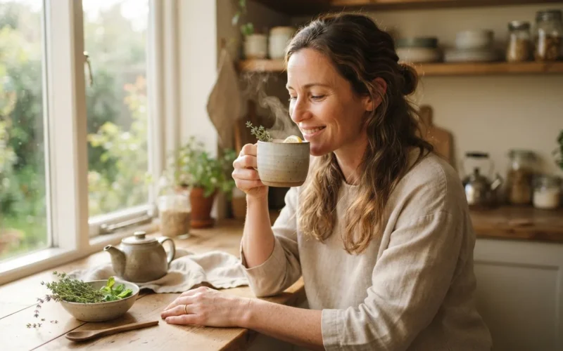 a woman drinking a warm herbal beverage in a sunlit kitchen