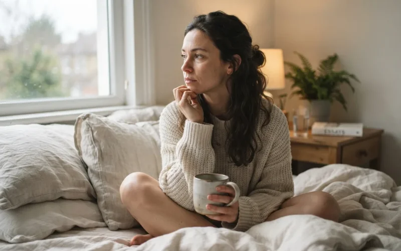 a person sitting in bed looking thoughtful
