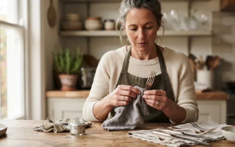 a person polishing silver cutlery on a kitchen counter