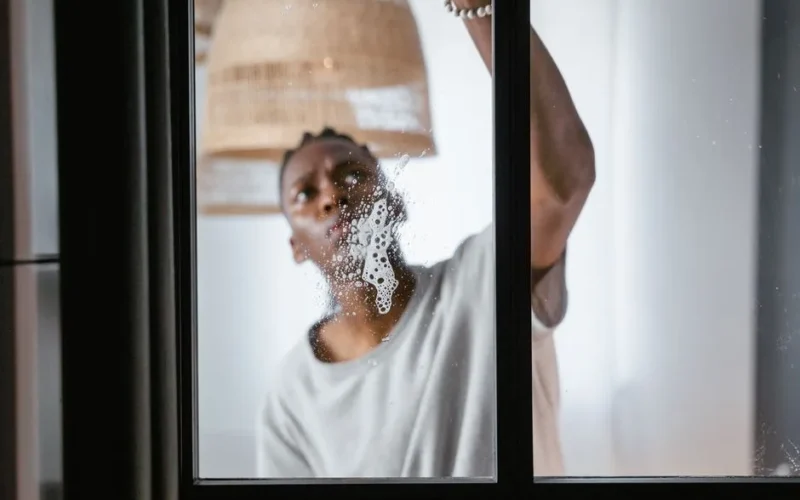 An adult male cleaning a glass window indoors, focusing on household chores and cleanliness.