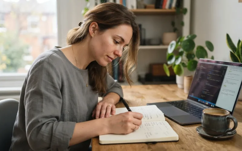 a person writing in a notebook at a desk with a laptop and a cup of coffee