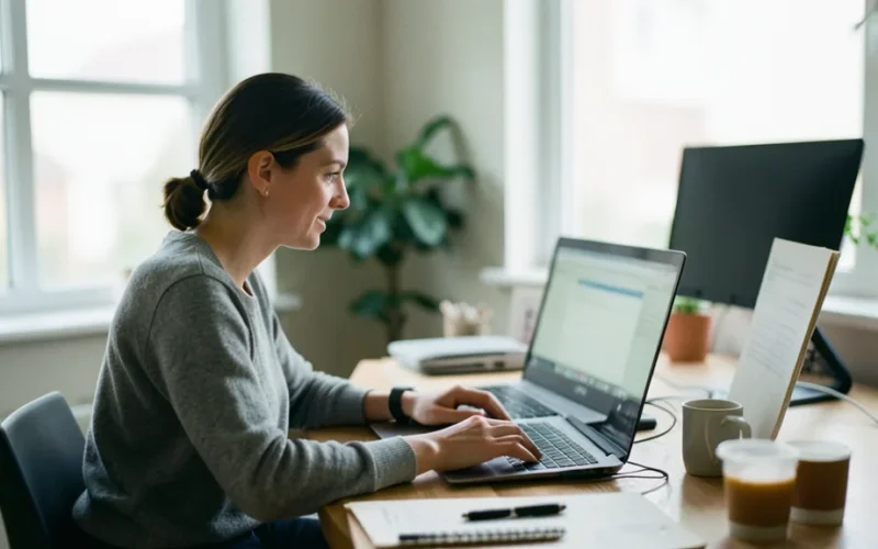 a person working from home with a clear separation between work and personal space