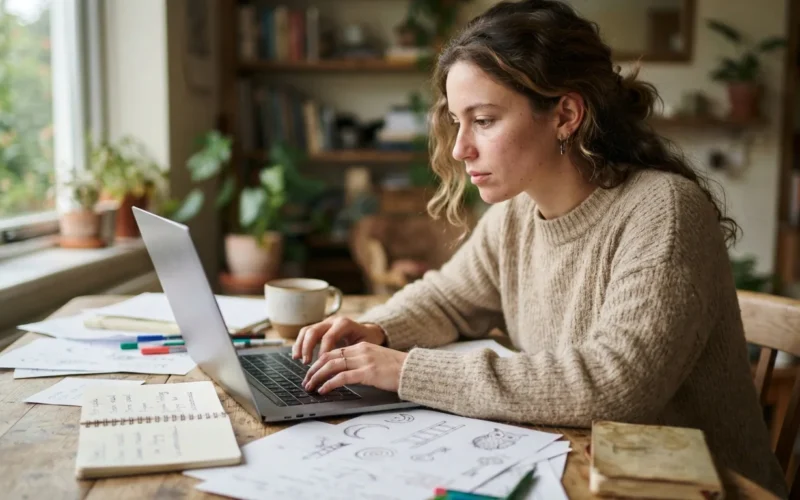 a person studying at a laptop with dream symbols or notes nearby