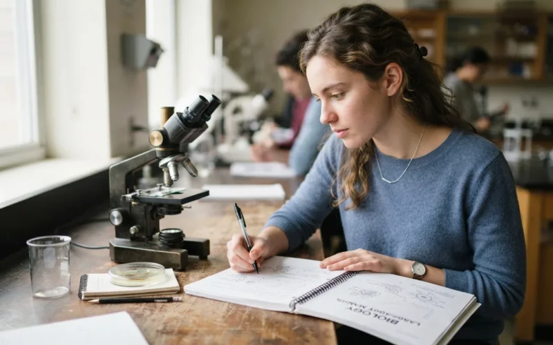 a student writing in a biology workbook with a microscope nearby