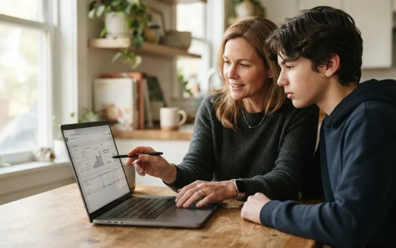 a parent and teenager looking at a tablet or laptop together, discussing finances