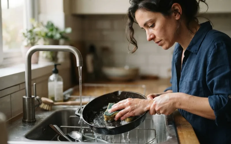 a person scrubbing a pan in a kitchen sink