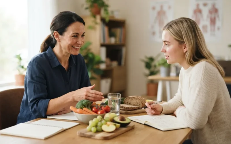 a dietitian talking to a person about food