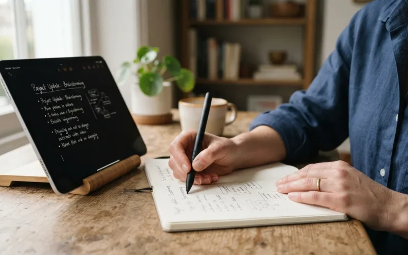 a person writing with a smart pen on paper while a tablet or smartphone displays the digitized notes