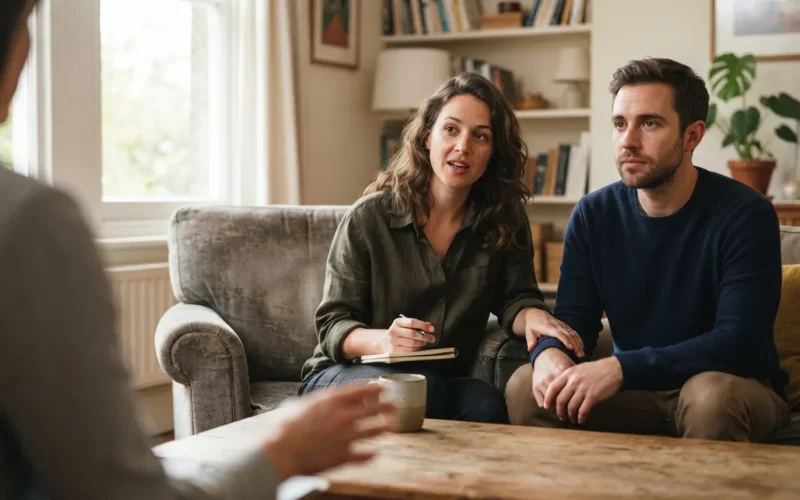 a couple sitting together in a therapy session
