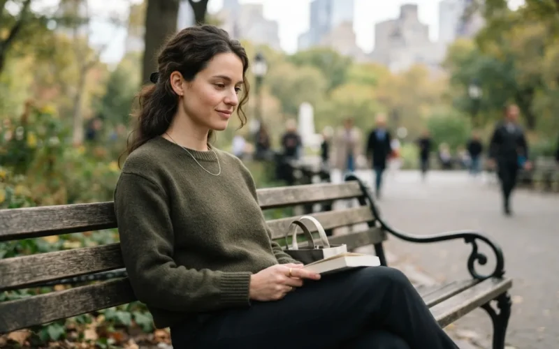 a person sitting calmly on a bench in a city park