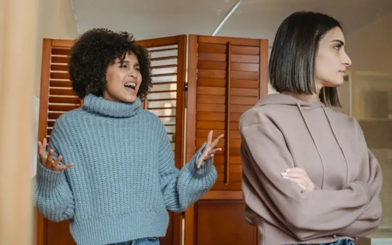 Furious African American female with black hair screaming while fighting with displeased female in light room with wooden folding screen