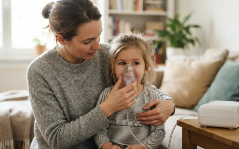 a parent helping a child use a nebulizer mask