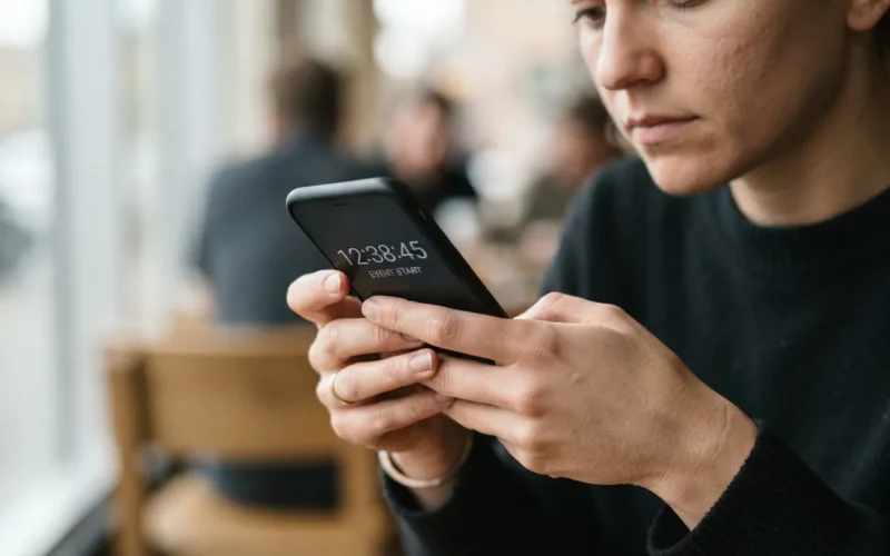 a person holding a smartphone with a clock or timer on the screen