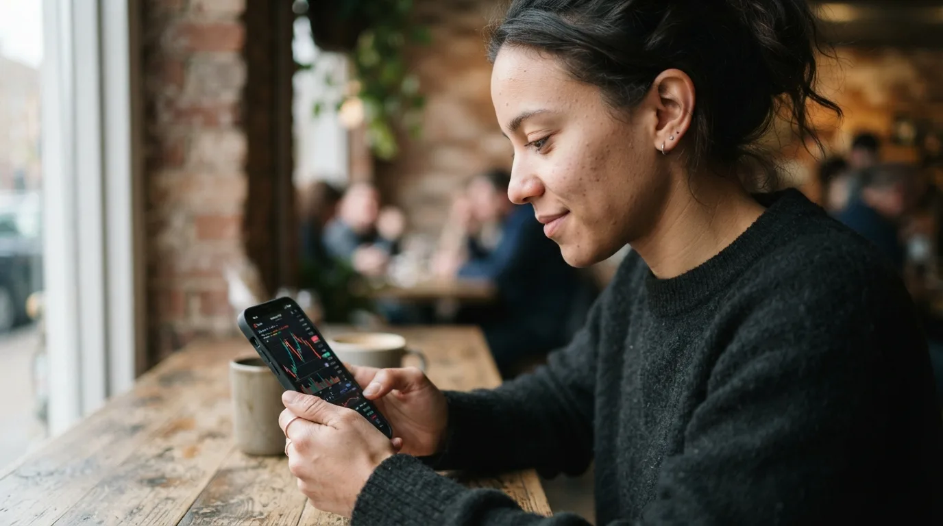 a person looking at a smartphone with financial charts on the screen