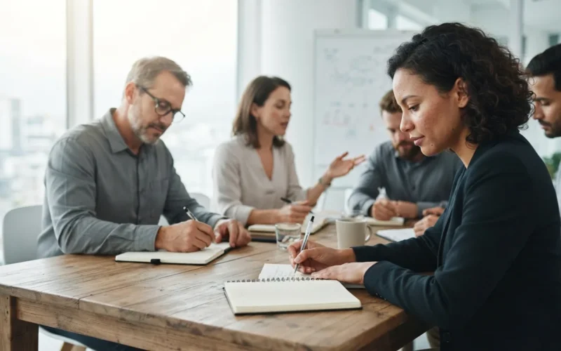 a group of professionals in a meeting room taking notes