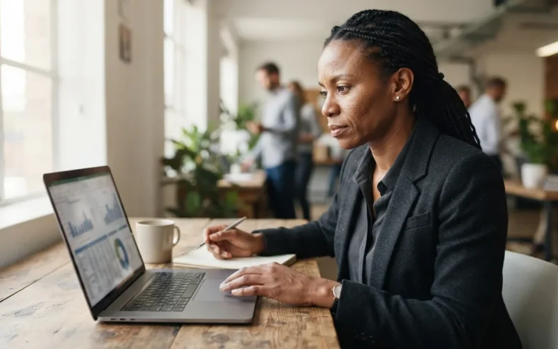 a professional reviewing a financial report on a laptop