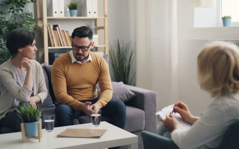 A couple engaged in a counseling session with a therapist in a cozy room.