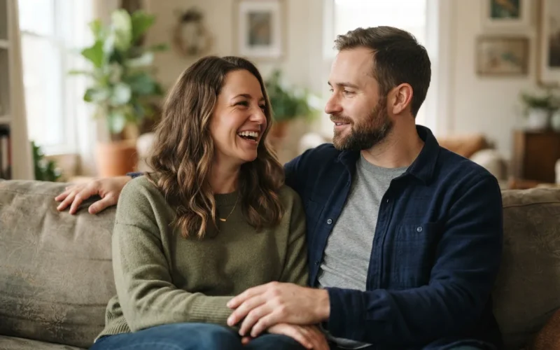 a couple sitting together in a calm, supportive conversation