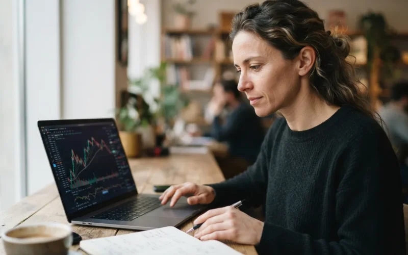 a person looking at financial charts on a laptop