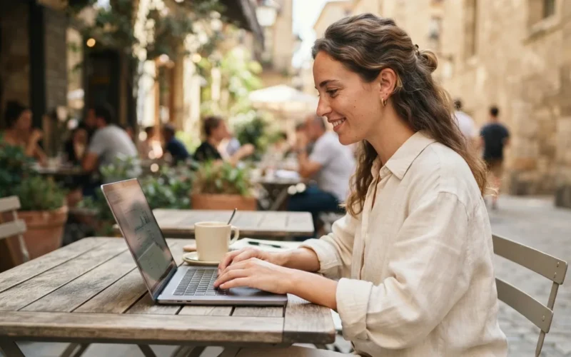 a person working on a laptop at a sunny outdoor table