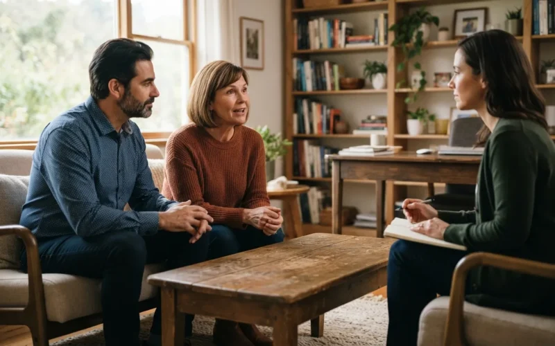 a middle-aged couple talking with a relationship coach in a cozy office