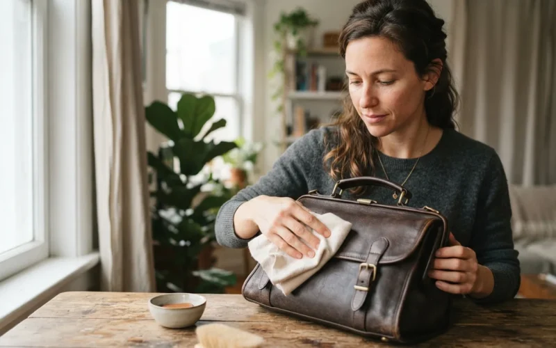 a woman cleaning a leather handbag with a soft cloth