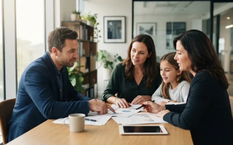 a family with a financial advisor reviewing papers