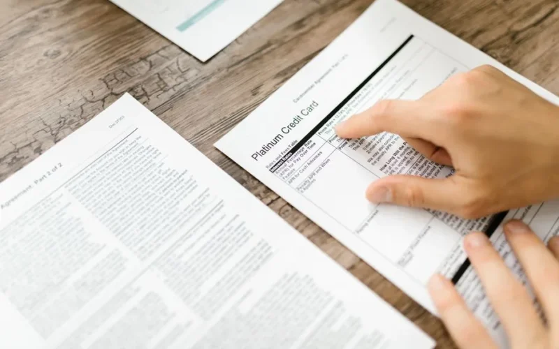 A hand examining a credit card agreement on a wooden desk, highlighting financial review.