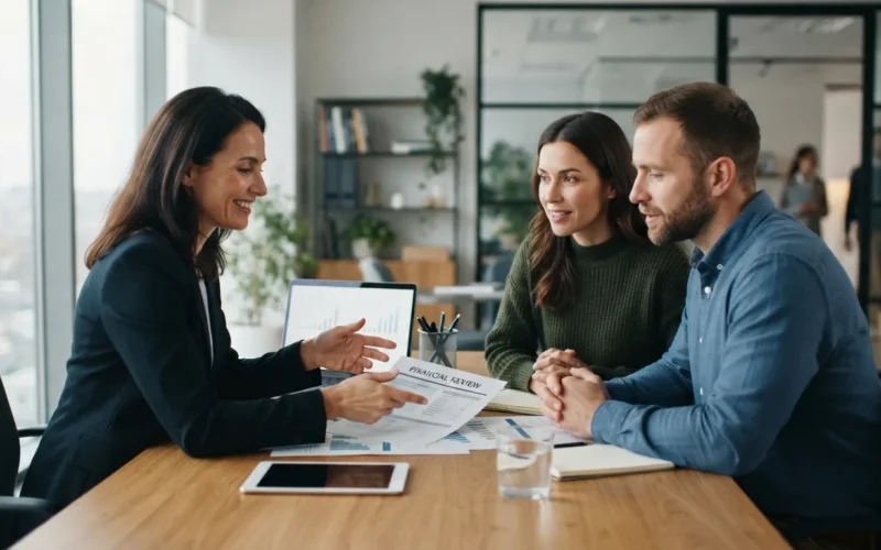 a couple meeting with a mortgage advisor at a desk