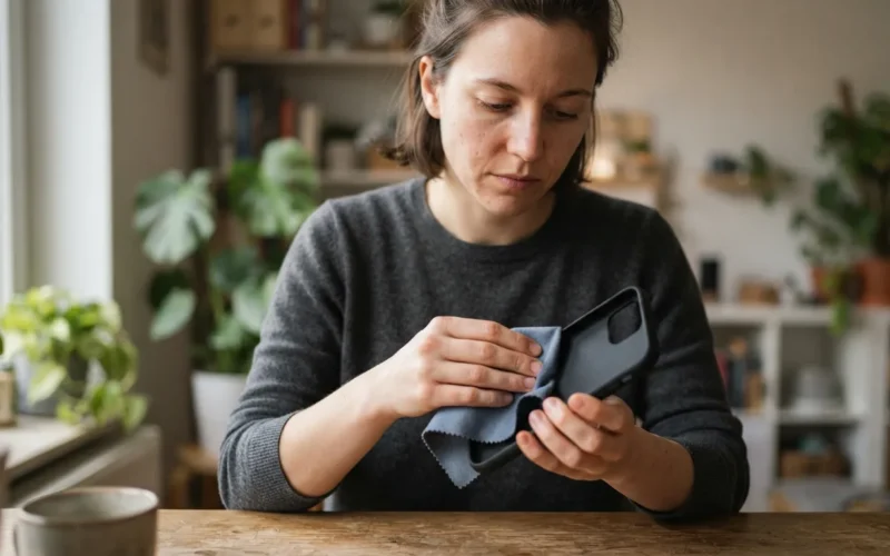 a person cleaning a phone case with a cloth