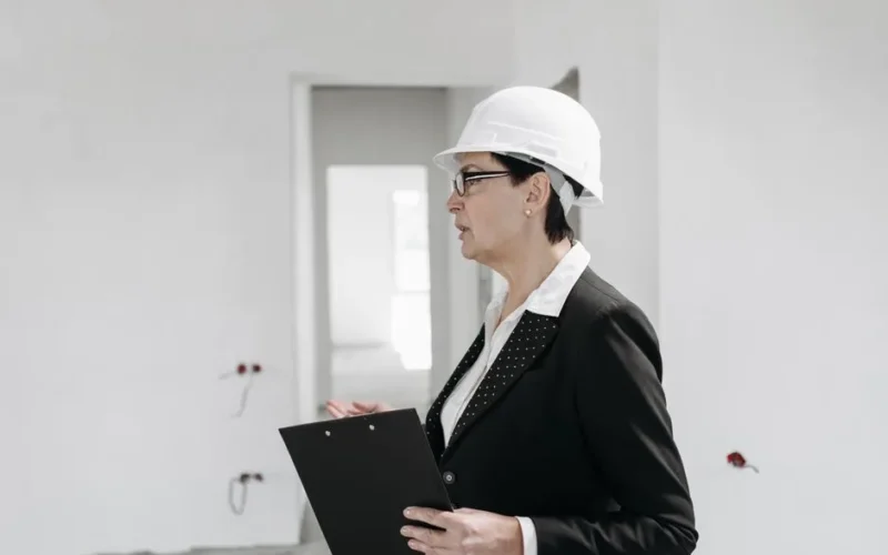Professional female engineer inspecting a construction site with clipboard and helmet.