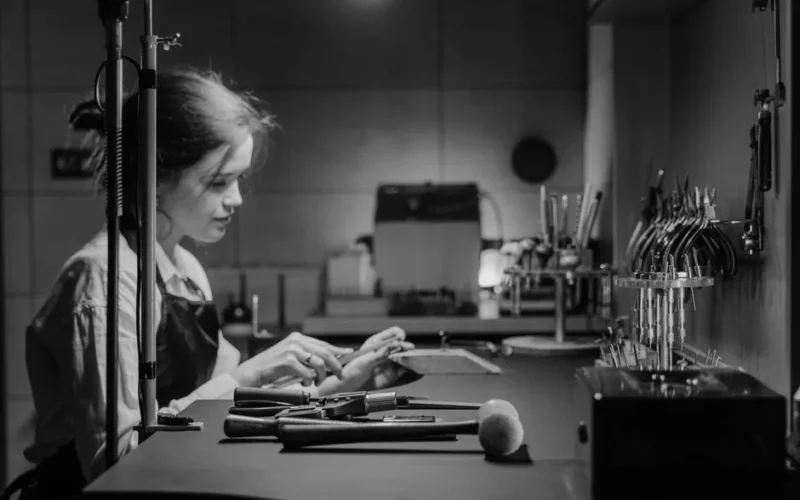 A skilled jeweler focuses on crafting jewelry at a well-equipped workshop bench.