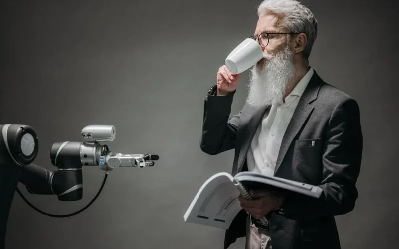A senior man interacts with a robot while holding a book, symbolizing technology and innovation.