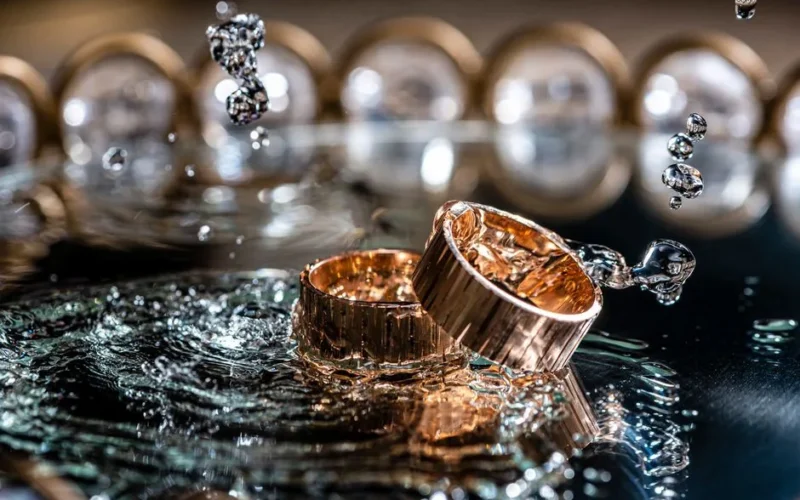 Close-up of gold rings with water splashes, highlighting luxury and elegance.