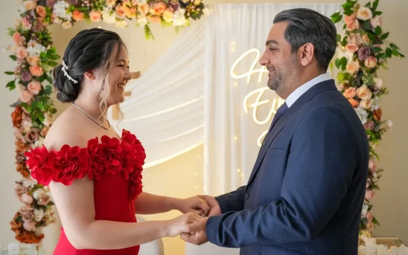 A couple joyfully exchanging vows under a beautiful floral arch indoors.