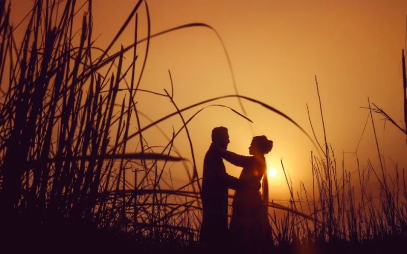 Silhouette of a couple embracing in a field during a beautiful sunset, evoking love and tranquility.