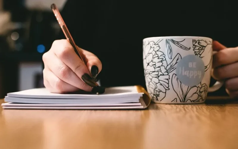 Person writing in a notebook with a floral ceramic mug on a wooden desk.