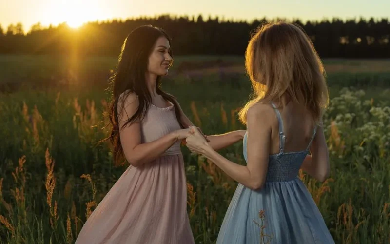 Two women in dresses holding hands in a sunlit field at sunset.