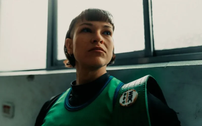 Portrait of a female boxer wearing training gear, showcasing determination indoors.
