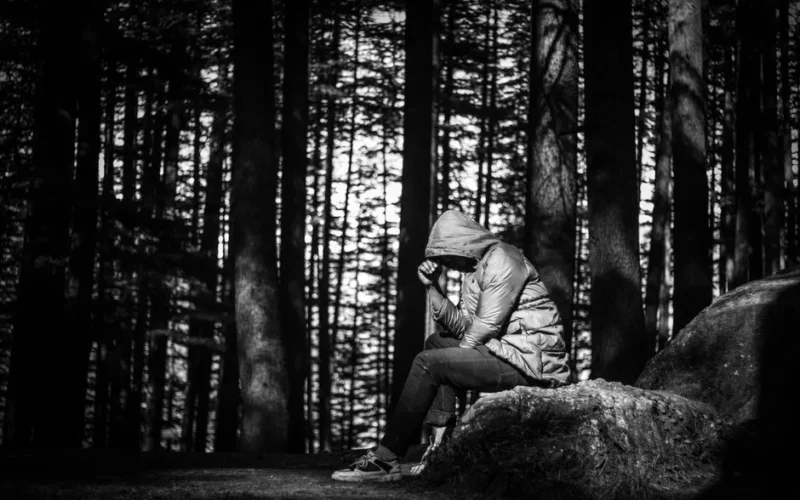 A person in deep thought, seated in a serene Manali forest, India.