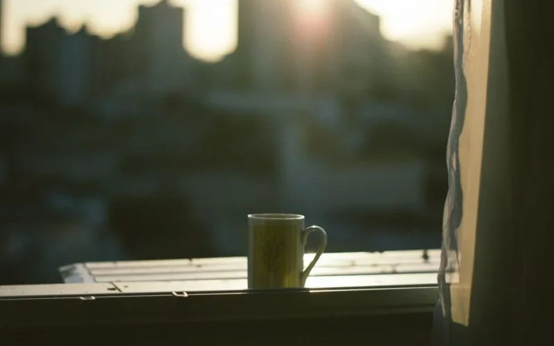 A mug sits on a windowsill with the city skyline and sunrise in the background.