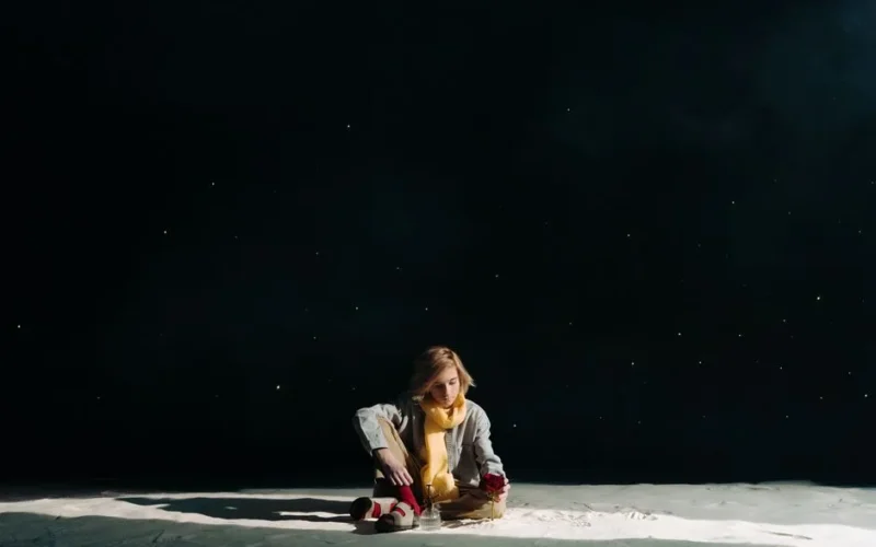 A young person cosplaying as the Little Prince under a starry night sky holding a rose.