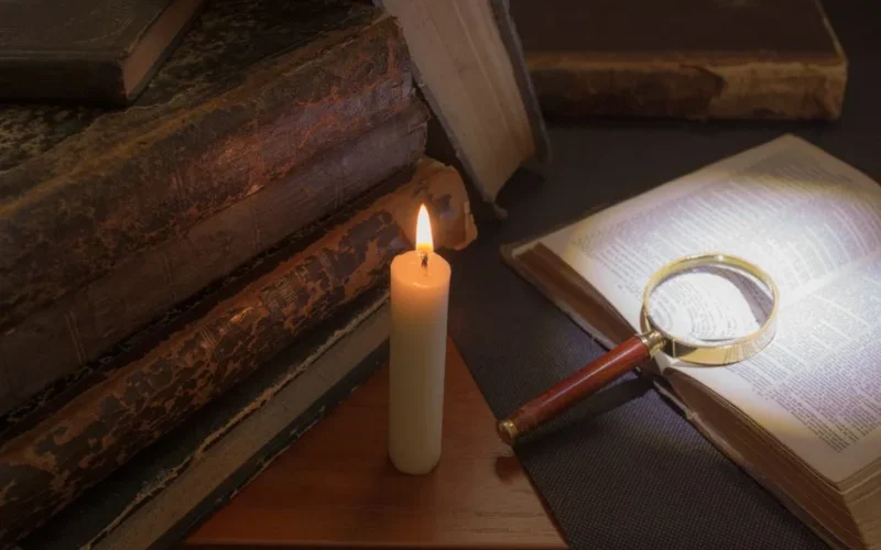 A moody scene with vintage books, a candle, and magnifying glass highlighting text.