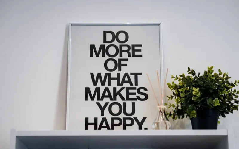 Framed quote 'Do More of What Makes You Happy' with plant and aroma diffuser.