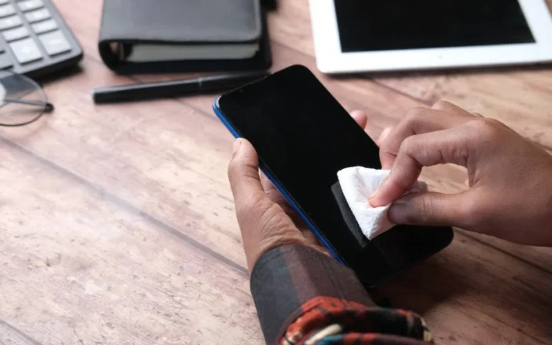 Hands wiping a smartphone with a cloth in an organized workspace. Emphasizes hygiene and device care.