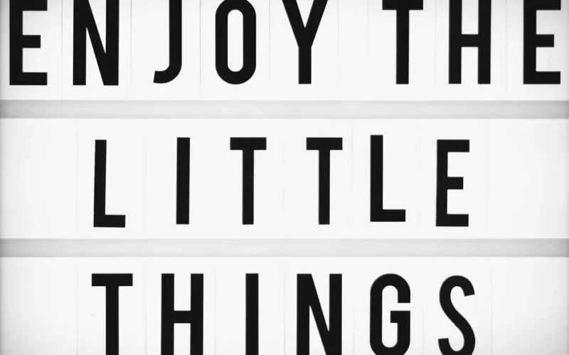 Minimalist design of the inspirational quote 'Enjoy The Little Things' displayed on a lightbox.