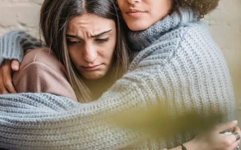 Anonymous woman in warn sweater comforting and embracing disappointed female friend near wall in room at home with green leaf